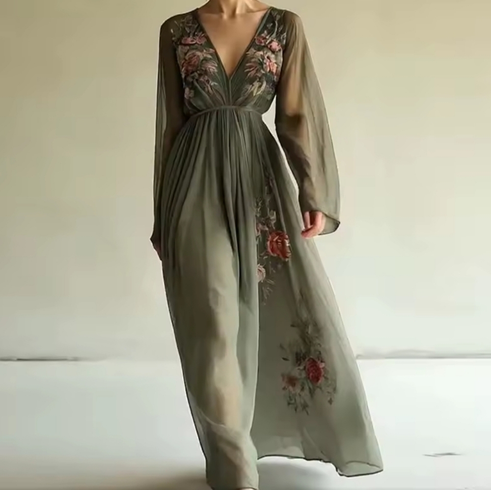 Woman Clothing Floral Print Long Dresses Sexy VNeck High Waist Hollow Party Dre - Picture 6 of 7